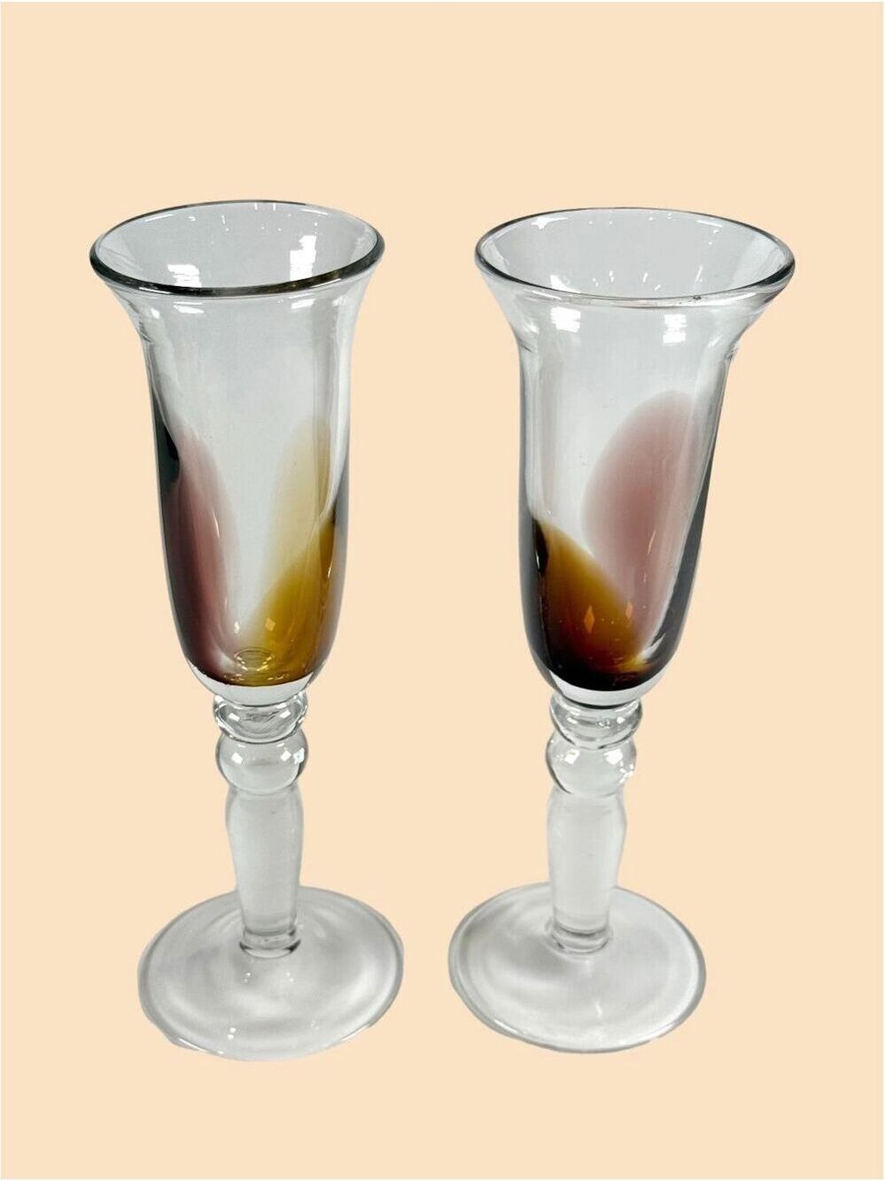 Pair of MCM Hand Blown Champagne Flutes Sommerso Studio Art Glass Amber Purple